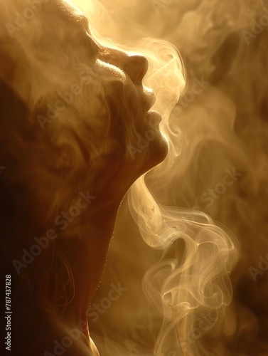 Woman with eyes closed exhales smoke from her mouth