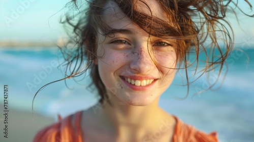 Vibrant portrait of a young woman with freckles and a beaming smile, hair tousled by the wind