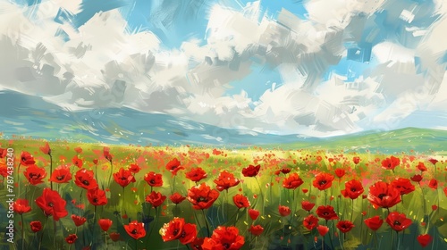 beautiful red poppy flower field landscape papaver rhoeas digital painting photo
