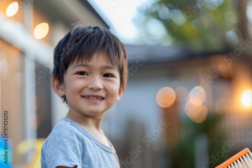 A cheerful young boy smiles with a blurred background of bokeh lights, giving a sense of warmth and joy