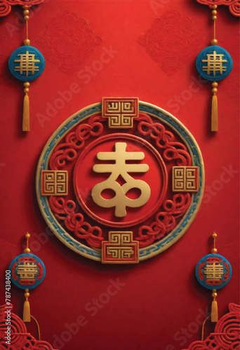 a red wall with a golden chinese knot symbol on it