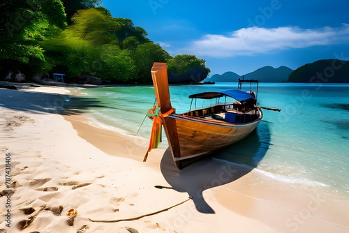 Wooden boat on the beach, Koh Lipe. Long-tail boat with a rustic charm, resting on the sandy shore. photo