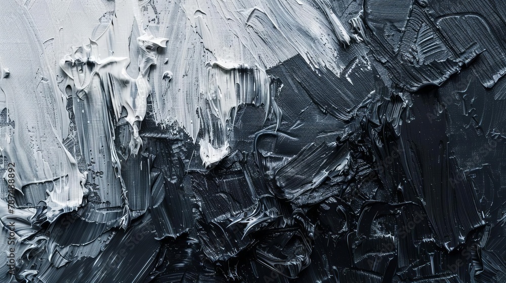 closeup of rough black and gray abstract oil painting texture with expressive brushstrokes on canvas - obrazy, fototapety, plakaty 