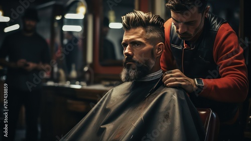 Handsome bearded man getting haircut by hairdresser in barbershop photo
