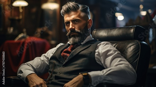 Handsome bearded man sitting in a chair in barbershop
