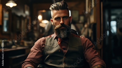 Handsome bearded man with stylish haircut in barbershop.