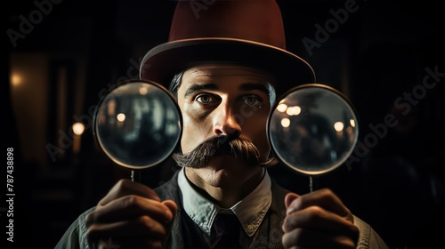 Portrait of a man in a hat with a magnifying glass