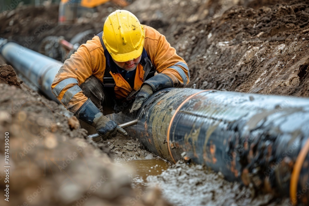 A focused worker in protective gear repairs a large pipeline, showcasing the industrial maintenance process and manual labor A focused worker in protective gear repairs a large pipeline, showcasing the industrial maintenance process and manual labor