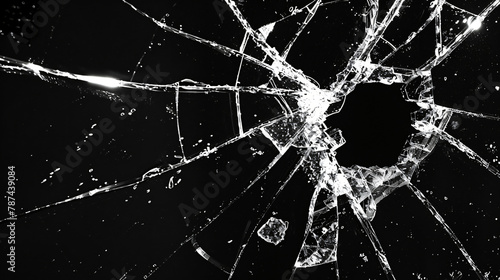 Broken glass - cracked with hole over black, not bulletproof, vulnerable concept photo