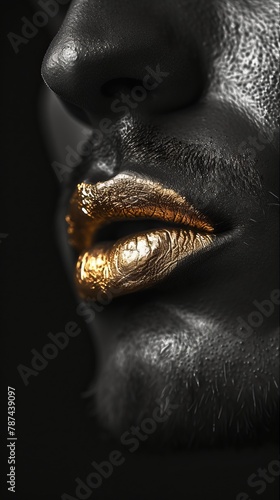 Black and white closeup shot of an African American man face with metallic gold lips, showcasing the intricate details of his eye, eyelash, iris, and jaw, shooting a portrait for a fashion magazine