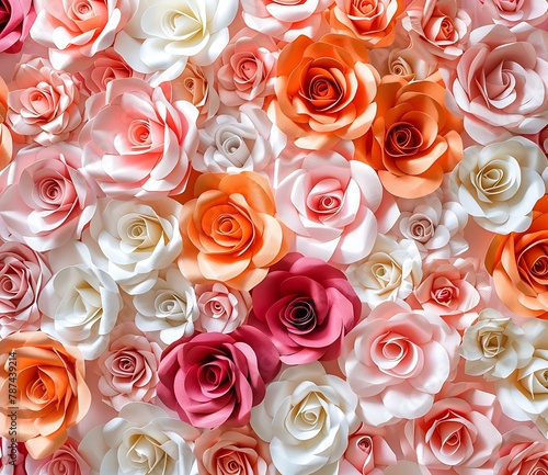 A large wall of paper roses in various shades of pink