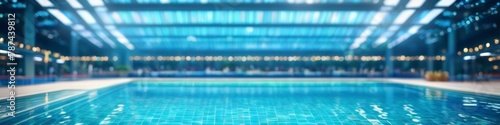 Abstract colorful illustration of indoor sports pool, blurred bokeh background for social media banner, website and for your design, space for text. 
