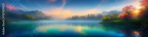 Abstract midsummer watercolor blurred landscape of mountain lake at sunset in delicate pastel colors. Abstract background for design, place for text.	
 photo