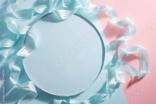 A front view of the isolated plate that has been placed on pink and blue background that decorated with pastel ribbon that can compile to the things like the celebration, festival or ceremony. AIGX03.