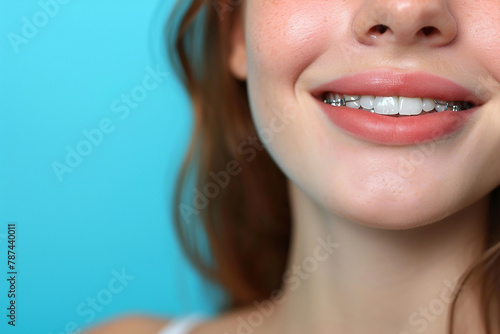 Woman smiling with braces on her teeth closeup, Healthy smile, dental post concept. Close-up of a young woman smiling with braces on her teeth