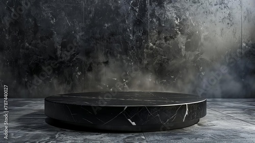 elegant black marble table on dark stone floor empty podium in smoky room 3d rendering