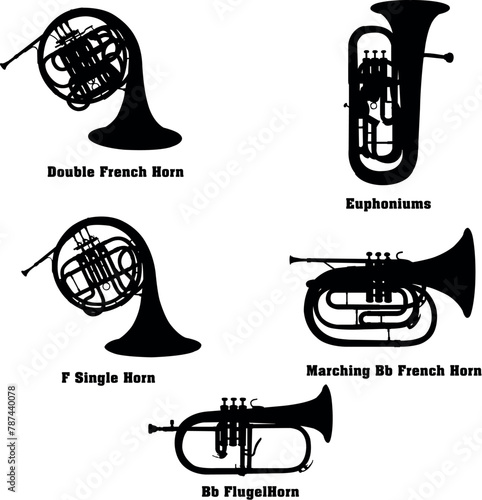 French Horns Vector Musical Instrument Silhouette Set