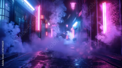 empty dark street with neon lights and floating smoke abstract urban background 3d rendering