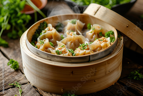 Chinese dumplings in bamboo steamer on wood background. Hot Chinese traditional gedza dumplings in bamboo steamer with soy sauce.