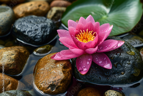 Sand white lotus and spa stones in zen garden. Concept of mindfulness