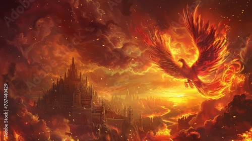 Digital art of a phoenix resurrecting with fiery wings spread over a whimsical castle as the sun sets on a fantastical landscape