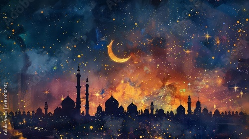 enchanting ramadan night sky with crescent moon glowing stars and silhouetted mosques digital painting
