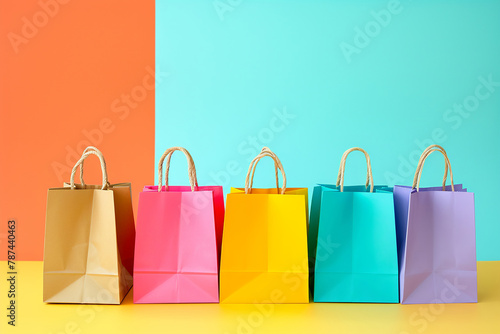 Colorful paper bags on pastel background. Shopping sale delivery concept. Mockup of paper bag, shop package, discount, promotion, sale, banner, website.