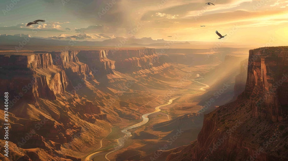 This breathtaking canyon bathed in the golden light of the setting sun, providing a tranquil yet awe-inspiring scene - obrazy, fototapety, plakaty 