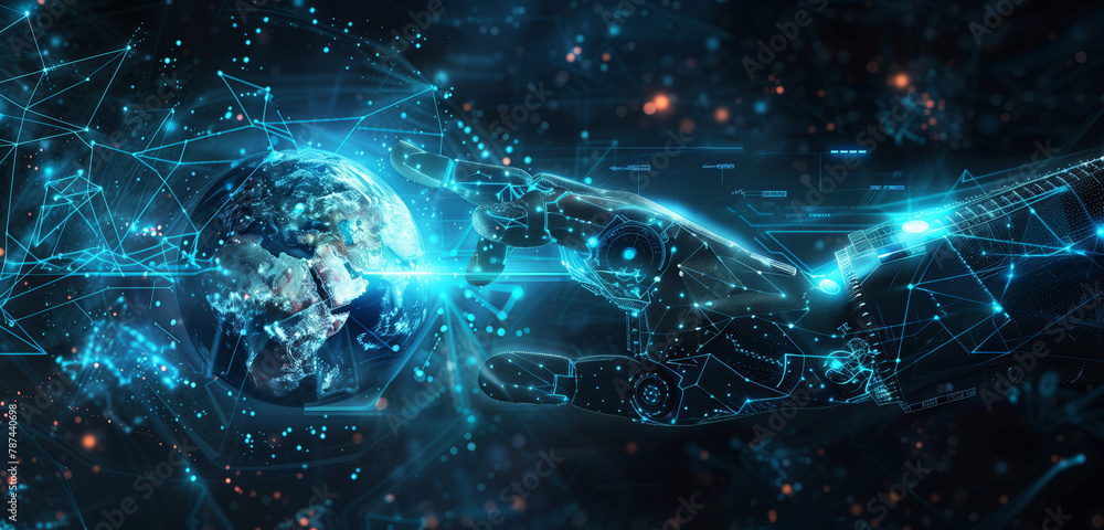  an AI robot hand on a digital globe or planet Earth for a futuristic business concept virtual design  and global network connection