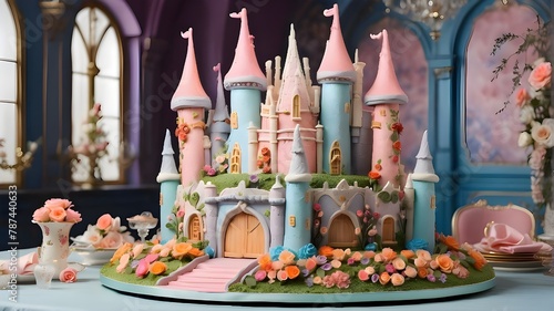 A whimsical cake shaped like a fairytale castle, complete with turrets, drawbridges, and colorful sugar flowers adorning its walls. photo