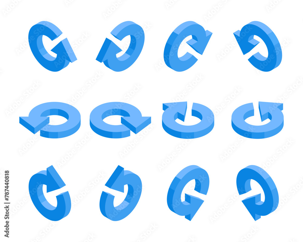 isometric set of round arrows, in color on a white background, pointers for infographics and design isometric set of round arrows, in color on a white background, pointers for infographics and design