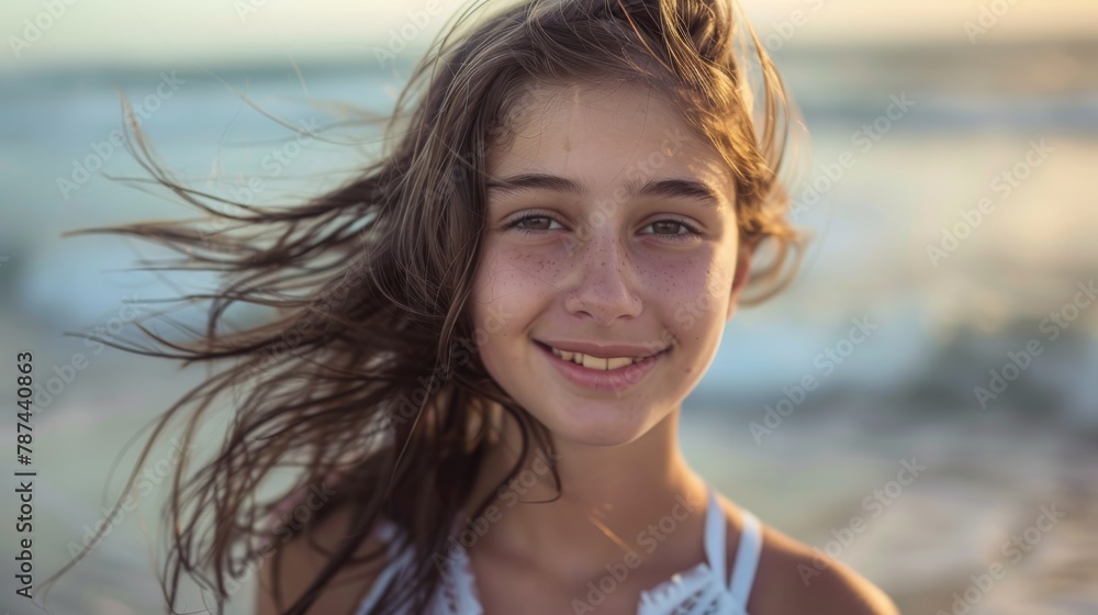 Serene young girl at the beach, smiling with the sunset in the background Serene young girl at the beach, smiling with the sunset in the background
