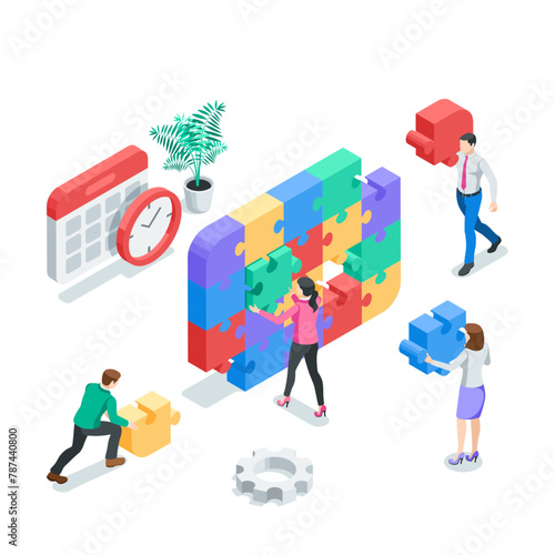 isometric vector people putting together puzzles, in color on a white background, teamwork and common business goal