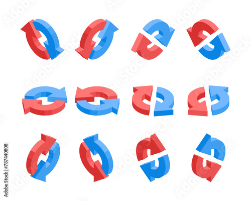 isometric set of round arrows, in color on a white background, pointers for infographics and design