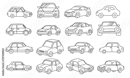 Collection of cars isolated on transparent background. Hand drawn vector art.