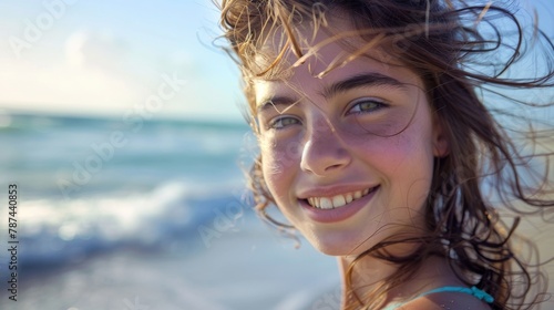 Young smiling girl with hair blowing in the ocean breeze at the beach