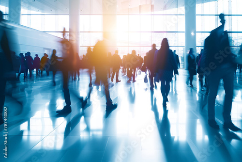 Business people crowd walking commuting in the city, in a modern hall. Crowd of blurred business people walking in a modern entrance photo