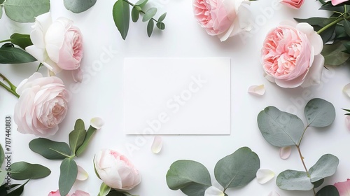 Fototapeta Naklejka Na Ścianę i Meble -  floral wedding stationery mockup with blank invitation card pink roses peonies and eucalyptus leaves on white background