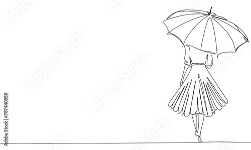 Woman under umbrella one line continuous. Line art woman with umbrella. Hand drawn vector art.
