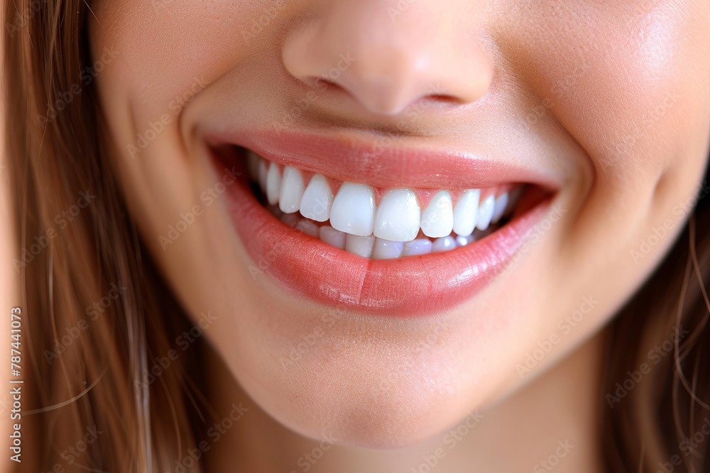 Close up beautiful female smile after teeth whitening procedure. Dental care. Dentistry concept. Snow-white smile, healthy teeth. Close up beautiful female smile after teeth whitening procedure. Dental care. Dentistry concept. Snow-white smile, healthy teeth.
