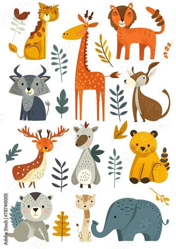 Wallpaper Mural Set of Cute Cartoon Animals on a white background. Torontodigital.ca