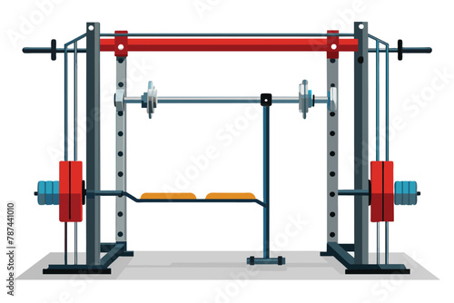 Gym weightlifting machine with smith machine, power rack, and workout bench illustration