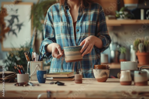 A craftsperson carefully examines a unique handmade ceramic bowl in a cozy  artistic studio setting