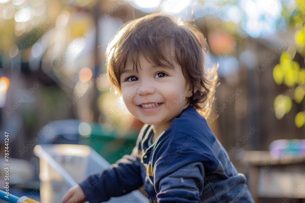 A young toddler boy smiling and enjoying playtime outdoors in a home garden with his toys A young toddler boy smiling and enjoying playtime outdoors in a home garden with his toys