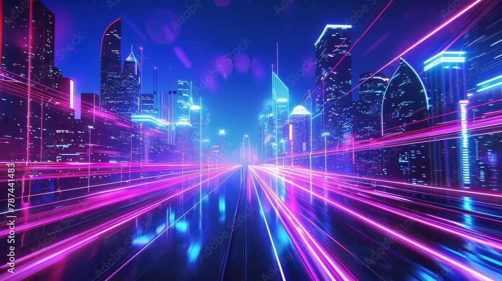 futuristic neon city with high speed light trails motion effect 3d illustration