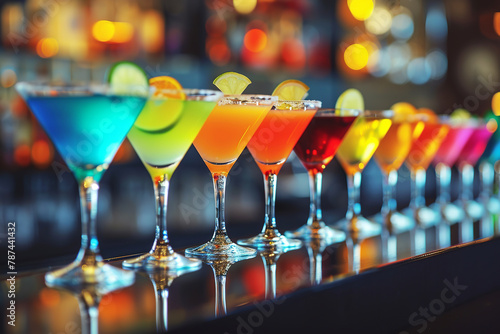 Close-up of cocktails of different colors displayed in a row on a bar counter in a nightclub