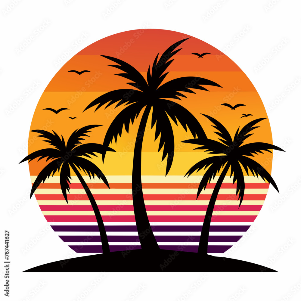 SUNSET WITH PALMS ON WHITE BACKGROUND on white background, Looks clean