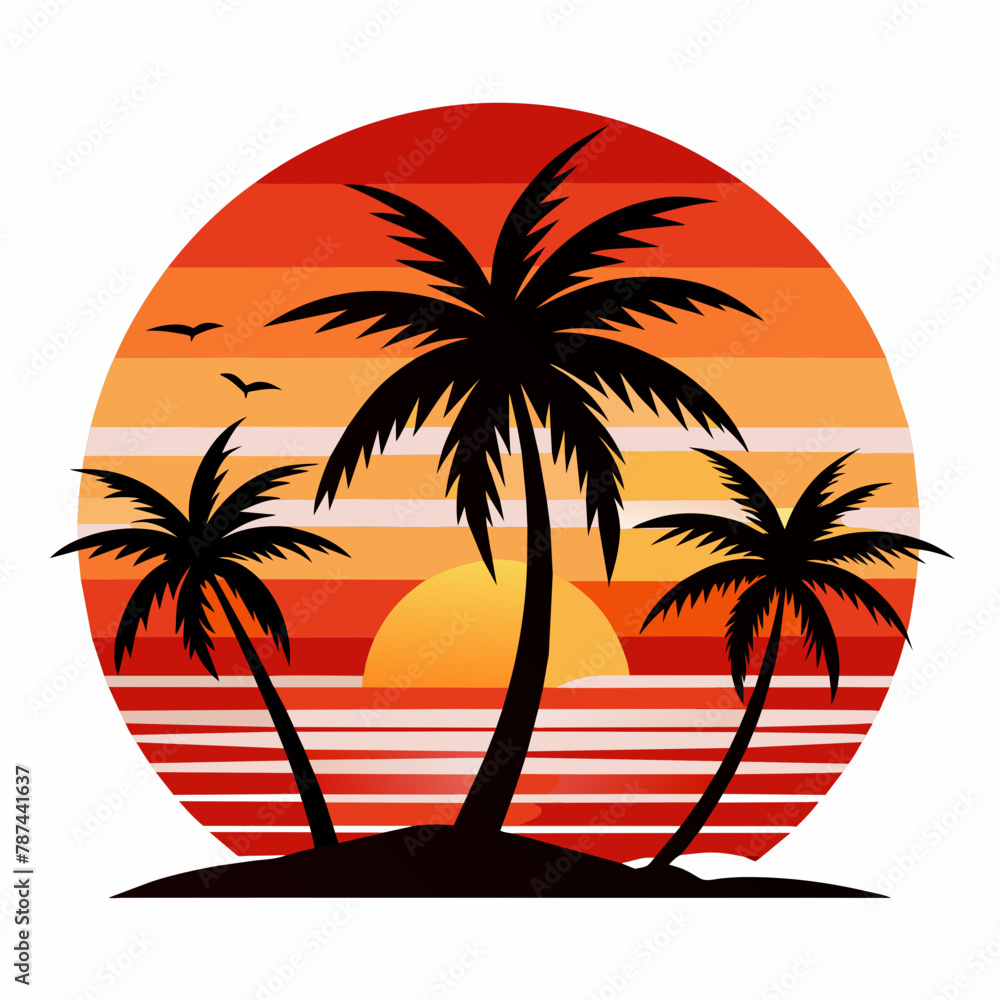 SUNSET WITH PALMS ON WHITE BACKGROUND on white background, Looks clean