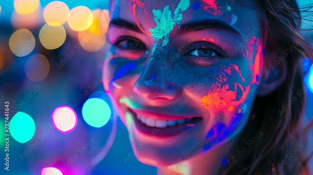 A blurred image of a girl with vibrant bokeh lights creating a magical, festive atmosphere in the background