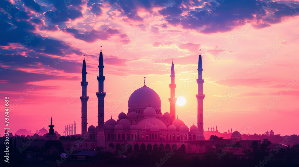 A majestic mosque with multiple minarets silhouetted against a vibrant pink and purple sunset sky, exuding a sense of serenity.